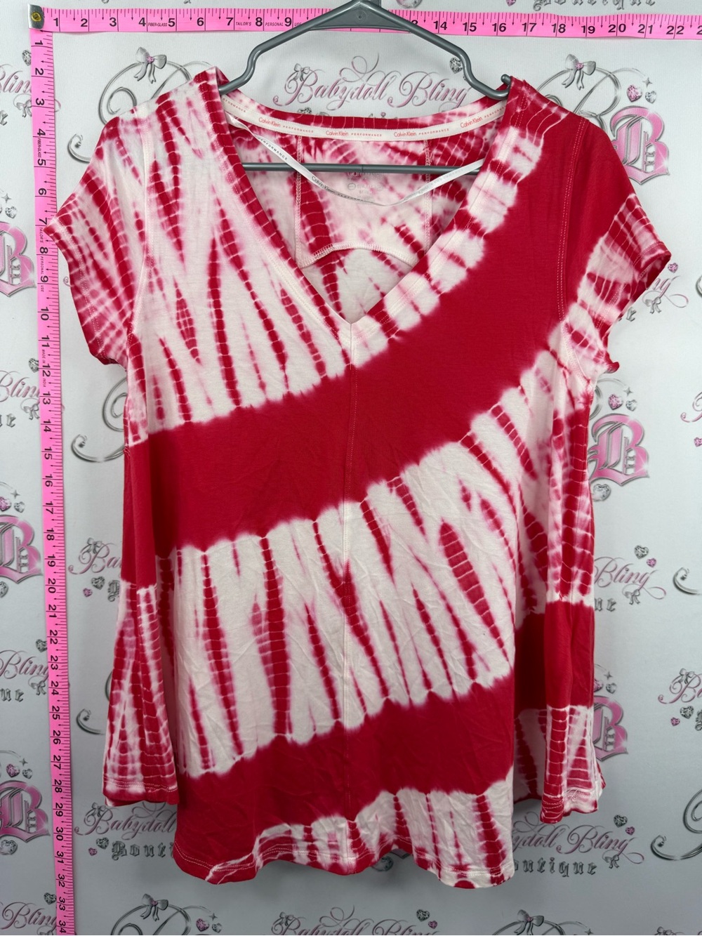 Calvin Klein Performance Red and White Tie-Dye V-Neck Short Sleeve Top